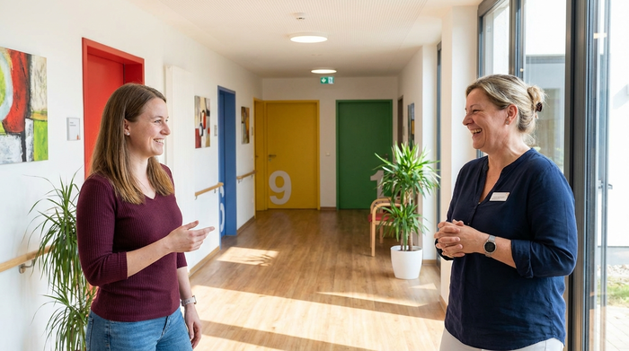 Eine erwachsene Tochter und ein freundlicher Heimleiter stehen im hellen Flur einer modernen Pflegeeinrichtung und unterhalten sich. Im Hintergrund sind farblich deutlich abgesetzte Zimmertüren zur besseren Orientierung erkennbar.