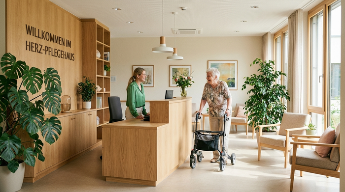 Ein moderner, freundlicher Empfangsbereich einer Pflegeeinrichtung mit hellen Holzmöbeln und großen Zimmerpflanzen. Eine ältere Frau mit Rollator unterhält sich lächelnd mit einer sympathischen Empfangsdame.