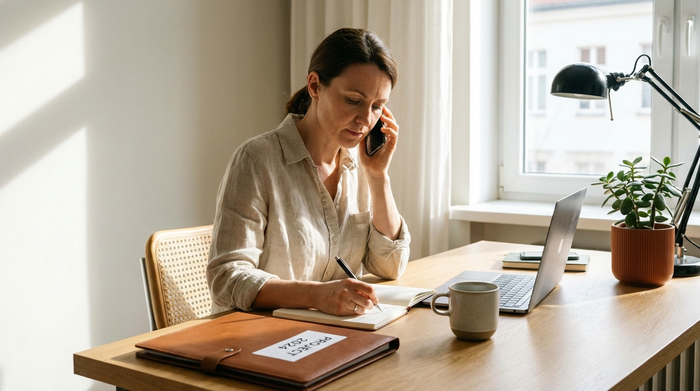 Ein aufgeräumter Schreibtisch mit einer ordentlichen Dokumentenmappe, einem Notizbuch und einer Tasse Kaffee. Eine erwachsene Tochter telefoniert konzentriert und notiert sich wichtige Informationen.