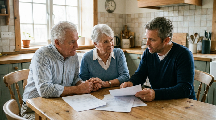 Ein älteres Ehepaar sitzt gemeinsam mit ihrem erwachsenen Sohn am Esstisch und bespricht in ruhiger Atmosphäre Unterlagen. Die Stimmung ist ernst, aber vertrauensvoll und unterstützend.