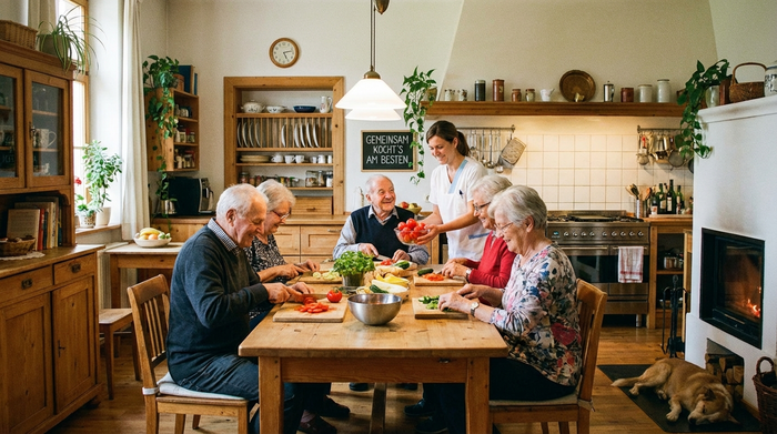 Eine gemütliche, große Gemeinschaftsküche, in der mehrere Senioren gemeinsam am Tisch sitzen und fröhlich Gemüse schneiden. Eine Betreuerin steht lächelnd dabei und reicht eine Schüssel.