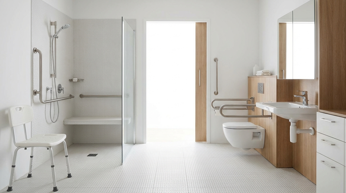 Ein sicheres, barrierefreies Badezimmer mit einer modernen, bodengleichen Dusche und stabilen Haltegriffen. Alles ist hell, sauber und rutschfest gestaltet für maximale Sicherheit im Alter.