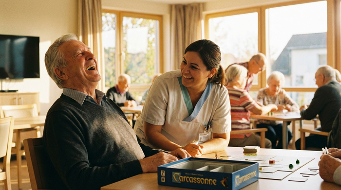 Ein älterer Herr mit grauem Haar lacht herzlich, während er mit einer Pflegekraft in einem hellen Raum ein Brettspiel spielt. Im Hintergrund unscharf weitere Senioren. Realistisch, warme Beleuchtung, keine Schrift.
