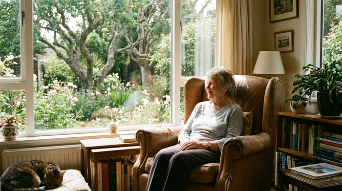 Eine ältere Dame sitzt entspannt in einem bequemen Ruhesessel in einem hellen Raum und blickt zufrieden aus dem Fenster auf einen grünen Garten. Ruhige, friedliche Stimmung, realistisch.