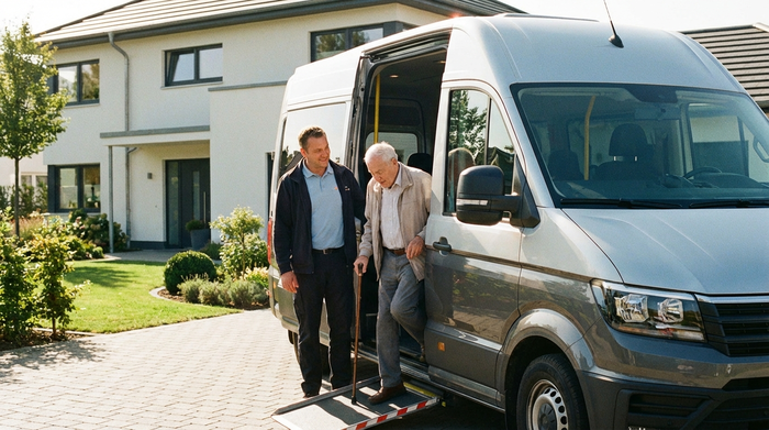 Ein moderner, barrierefreier Kleinbus mit geöffneter Schiebetür steht vor einem gepflegten Haus. Ein freundlicher Fahrer hilft einem Senior behutsam beim Einsteigen. Sonniges Wetter, realistische Szene ohne Text.