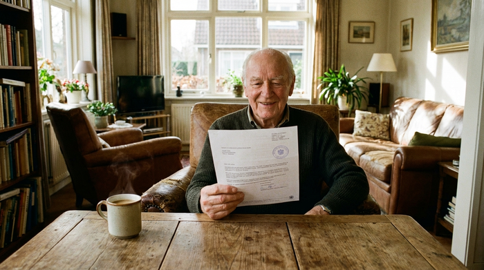 Ein älterer Herr sitzt entspannt an einem Holztisch und betrachtet lächelnd ein offizielles Dokument, eine Tasse Kaffee steht daneben. Helles, gemütliches Wohnzimmer.