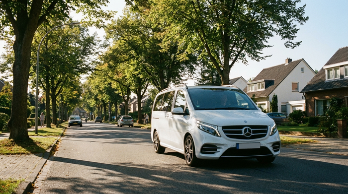 Ein moderner, weißer Kleinbus fährt durch eine sonnige, von Bäumen gesäumte Vorstadtstraße. Ruhige Verkehrssituation, klare Sicht, fotorealistisch.