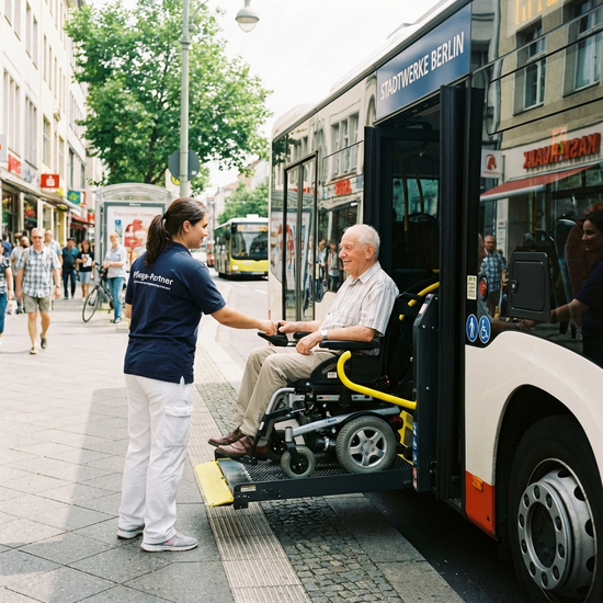 Eine professionelle Pflegekraft bedient sorgfältig die Hebebühne eines Busses, auf der ein Senior im Rollstuhl sicher und entspannt sitzt. Helles Tageslicht, freundliche Atmosphäre.