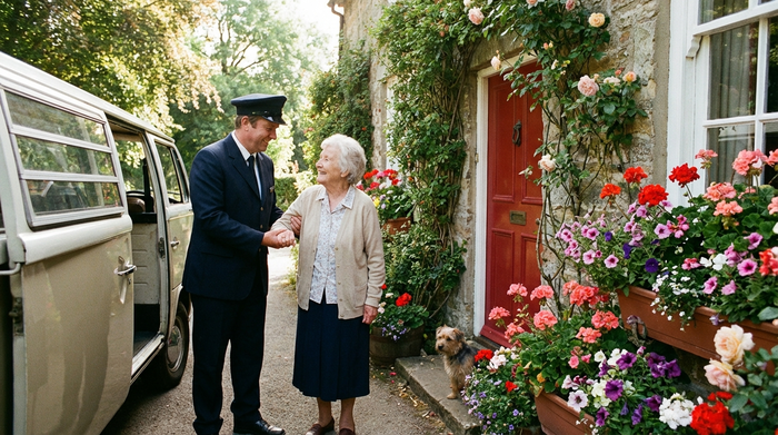 Ein freundlicher Fahrer stützt behutsam den Arm einer älteren Dame an ihrer Haustür, beide lächeln sich an. Gemütlicher Eingangsbereich mit bunten Blumenkästen.
