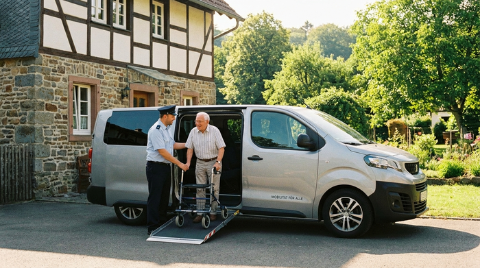 Ein moderner, barrierefreier Kleinbus parkt vor einem charmanten Haus. Ein freundlicher Fahrer hilft einem lächelnden älteren Herrn mit Rollator sicher über eine Rampe aus dem Fahrzeug. Sonniges Wetter, grüne Bäume im Hintergrund. Realistisch, hohe Qualität, ohne Text.
