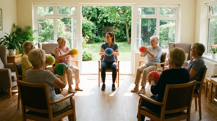 Eine Gruppe fröhlicher Senioren sitzt im Kreis in einem hellen, sonnigen Raum und macht leichte Sitzgymnastik mit bunten Bällen. Eine motivierende Betreuungskraft macht die Übungen vor. Angenehme, aktive Atmosphäre, große Fenster mit Blick ins Grüne. Fotorealistisch.