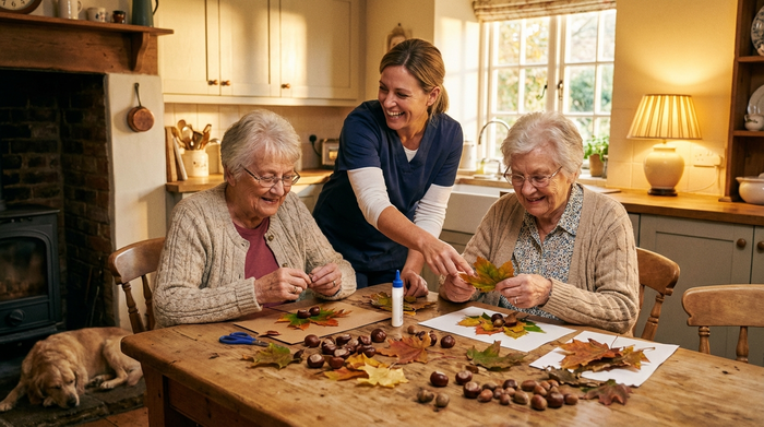 Zwei ältere Damen sitzen an einem Holztisch und basteln konzentriert mit Herbstblättern und Kastanien. Eine Pflegekraft schaut unterstützend und lächelnd über die Schulter. Gemütliche, warme Beleuchtung, harmonische Stimmung. Fotorealistisch, keine Schrift.