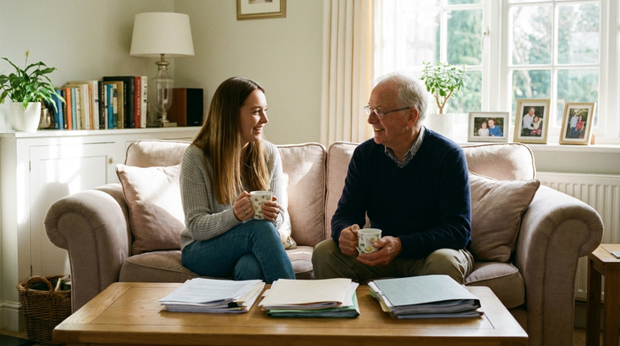 Eine entspannte, lächelnde Tochter sitzt mit ihrem älteren Vater auf einem bequemen Sofa im heimischen Wohnzimmer und trinkt Tee. Sie wirken erleichtert und glücklich. Auf dem Tisch liegen unauffällige Unterlagen. Helles Tageslicht, aufgeräumte Umgebung. Realistisch.