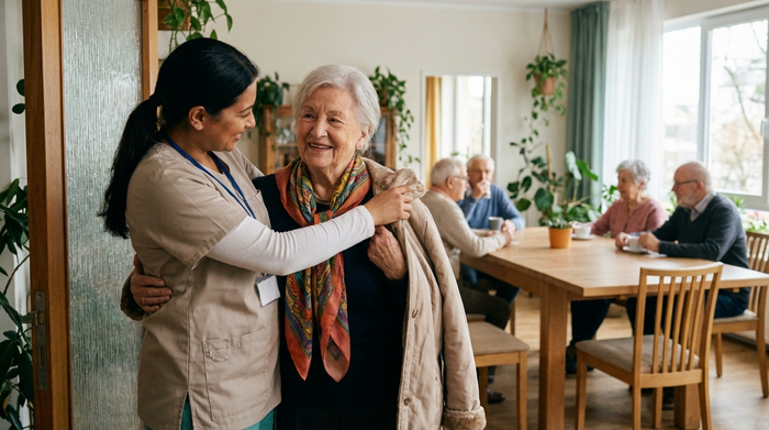 Eine einfühlsame Pflegekraft begrüßt eine ältere Dame herzlich am Eingang einer Tagespflege. Die Dame lächelt entspannt und legt ihren Mantel ab. Im Hintergrund sieht man andere Senioren am Tisch sitzen. Einladende, sichere Umgebung, fotorealistisch.