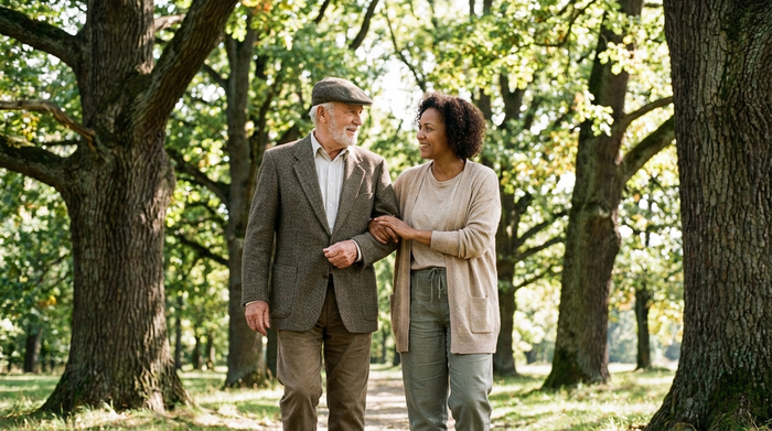 Ein gepflegter älterer Herr und eine sympathische Betreuungskraft spazieren gemeinsam durch einen grünen Park, umgeben von alten Bäumen und Sonnenschein. Entspannte und vertrauensvolle Stimmung, realistische Umgebung.