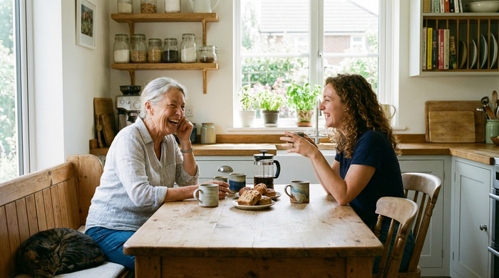 Zwei Frauen unterschiedlichen Alters sitzen lachend bei einer Tasse Kaffee an einem rustikalen Holztisch in einer hellen, aufgeräumten Küche. Sie unterhalten sich angeregt in einer vertrauten, nachbarschaftlichen Atmosphäre.