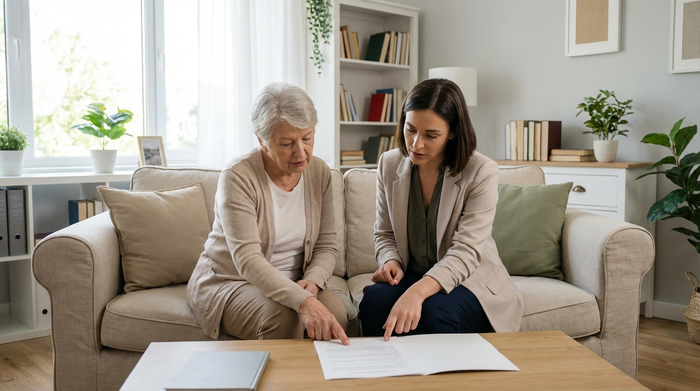 Eine ältere Frau sitzt mit einer Beraterin auf einem bequemen Sofa. Sie schauen gemeinsam auf ein Dokument und besprechen ruhig und konzentriert die Details der Unterstützung. Helle, aufgeräumte Umgebung.