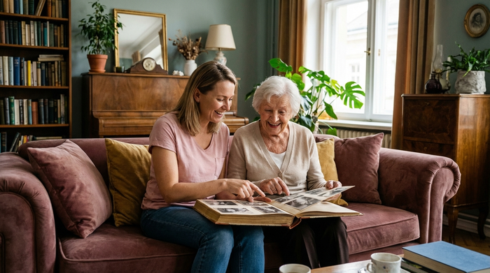 Eine fürsorgliche Betreuungskraft und eine ältere Dame betrachten gemeinsam ein altes Fotoalbum auf einem gemütlichen Sofa in einem stilvollen Wohnzimmer.