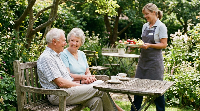 Ein älteres Ehepaar sitzt entspannt im Garten und genießt den Nachmittag, während eine professionelle Betreuungskraft im Hintergrund frisches Obst serviert.