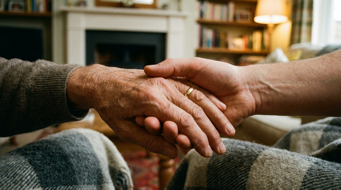 Ein detaillierter Blick auf zwei Hände, die sich vertrauensvoll halten, im Hintergrund eine unscharfe, gemütliche Wohnzimmeratmosphäre.