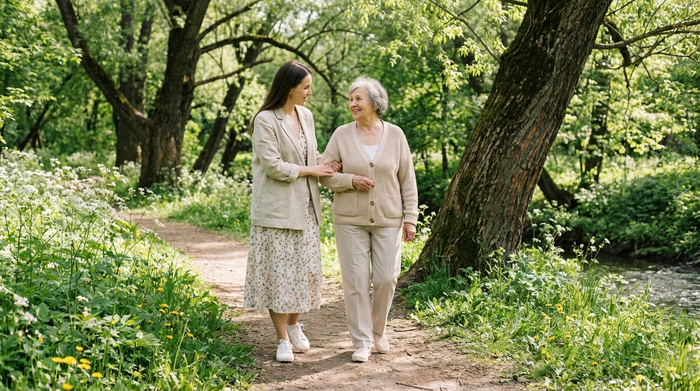 Eine liebevolle Betreuerin hilft einer lächelnden Seniorin beim Spaziergang durch einen grünen Park. Beide tragen leichte Frühlingskleidung, die Umgebung ist ruhig und naturnah.
