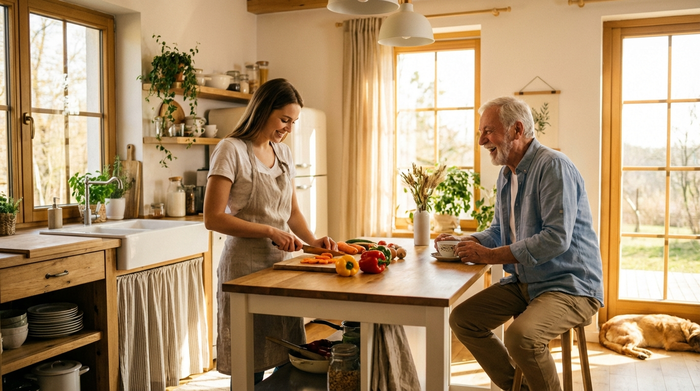 Eine junge, freundliche Haushaltskraft bereitet in einer hellen, aufgeräumten Küche frisches Gemüse zu. Ein Senior schaut ihr dabei fröhlich zu, während warmes Licht den Raum erhellt.