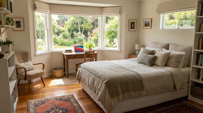 Ein helles, gemütlich eingerichtetes Gästezimmer mit einem komfortablen Bett, einem kleinen Schreibtisch und einem großen Fenster mit Blick in den Garten. Ein Laptop steht auf dem Tisch.