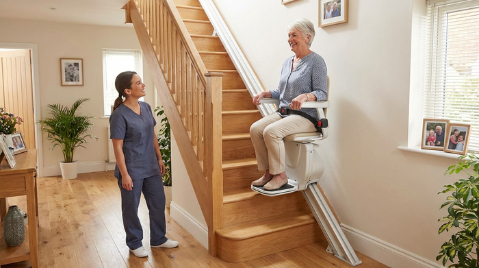Ein moderner, sicherer Treppenlift in einem gepflegten Einfamilienhaus. Eine ältere Dame fährt entspannt und sicher die Holztreppe hinauf, während eine Pflegerin unten lächelnd zuschaut.