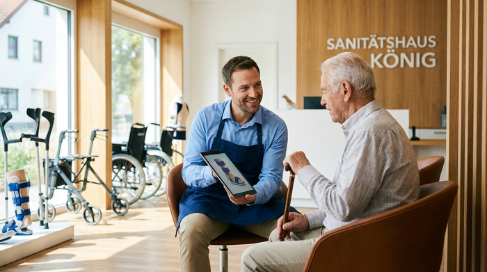 Ein freundlicher Orthopädietechniker berät einen älteren Herrn in einem hellen, modernen Sanitätshaus. Im Hintergrund sind unscharf verschiedene Mobilitätshilfen zu erkennen. Warme und professionelle Atmosphäre.