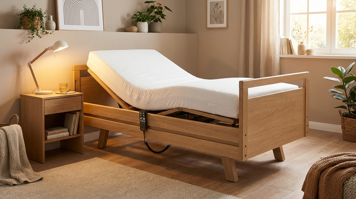 Ein modernes, elektrisch höhenverstellbares Pflegebett aus hellem Holz in einem gemütlich eingerichteten Schlafzimmer. Auf dem Bett liegt eine saubere weiße Matratze. Ein Nachttisch mit einer Leselampe steht daneben.