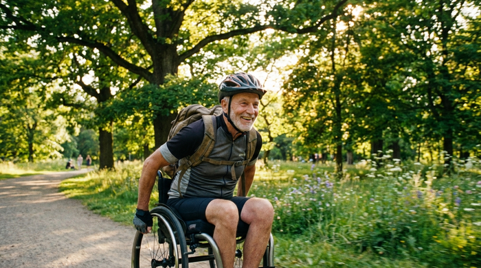 Ein aktiver Senior im Rollstuhl fährt an einem sonnigen Tag durch einen grünen Park mit großen Bäumen. Er lächelt entspannt und genießt die Natur.