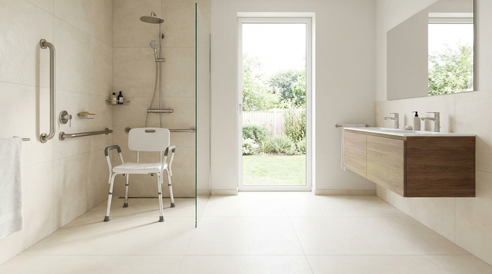 Ein modernes, sauberes Badezimmer mit einer bodengleichen Dusche und Haltegriffen. Ein Duschstuhl steht sicher in der Ecke. Helle Fliesen und viel Tageslicht.