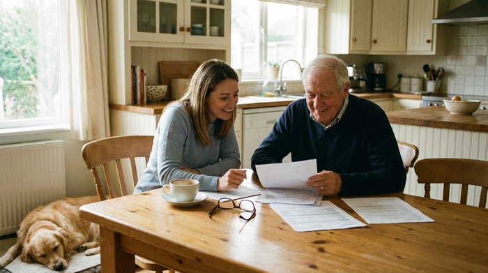 Eine erwachsene Tochter und ihr älterer Vater sitzen gemeinsam am Esstisch und besprechen entspannt Dokumente. Eine Tasse Kaffee steht auf dem Tisch. Ruhige, familiäre Stimmung.