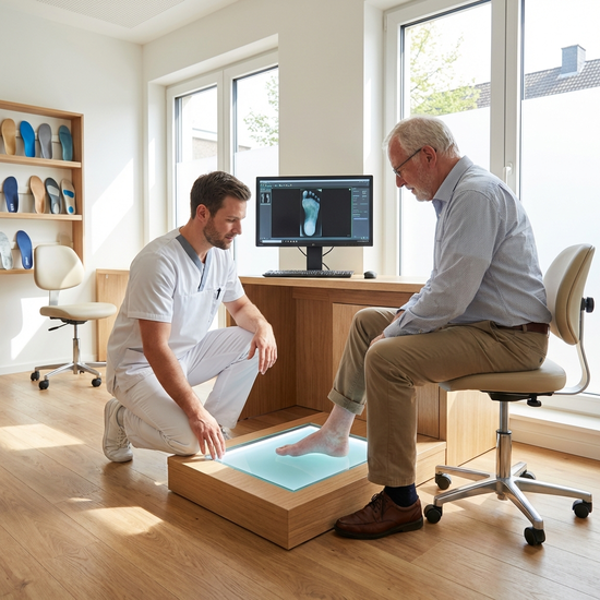 Ein moderner, heller Raum in einem Sanitätshaus. Ein Orthopädietechniker in sauberer Arbeitskleidung kniet neben einem älteren Kunden und betrachtet dessen Fuß auf einer beleuchteten, flachen Glasplatte zur digitalen Vermessung. Realistische Szene, fokussiert auf die professionelle Betreuung.