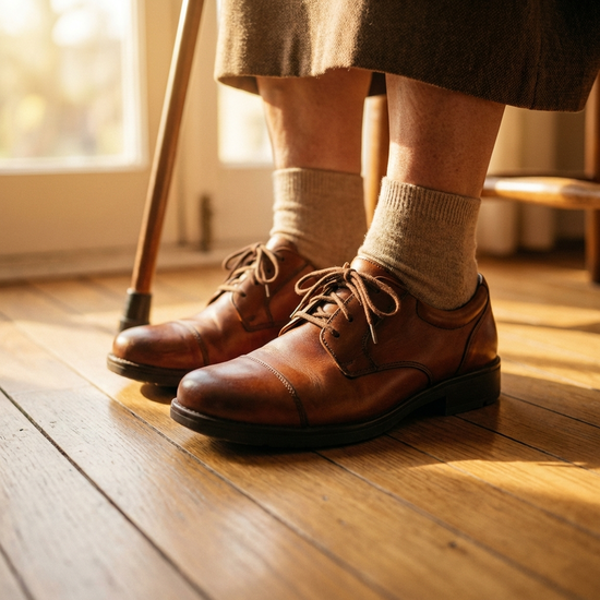 Eine Nahaufnahme von bequemen, hochwertigen Straßenschuhen an den Füßen einer älteren Dame, die sicher und stabil auf einem glatten Holzboden steht. Die Schuhe wirken stützend und elegant. Weiches, warmes Licht.