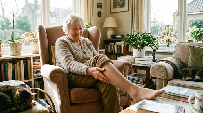 Eine ältere Dame sitzt entspannt auf einem bequemen Sessel in ihrem hellen Wohnzimmer und streicht sanft über ihr Bein, das in einen feinen, unauffälligen Kompressionsstrumpf gehüllt ist. Sie lächelt zufrieden. Gemütliche, alltägliche Szene ohne Text.
