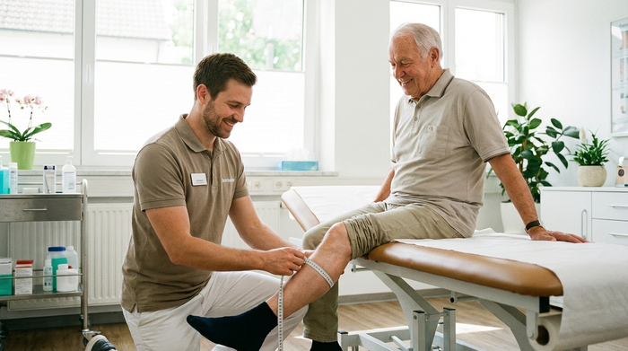 Ein freundlicher Fachberater in einem Sanitätshaus misst am frühen Morgen mit einem flexiblen Maßband behutsam den Wadenumfang eines älteren Herren, der entspannt auf einer Liege sitzt. Helle, saubere Umgebung, vertrauensvolle und professionelle Stimmung.
