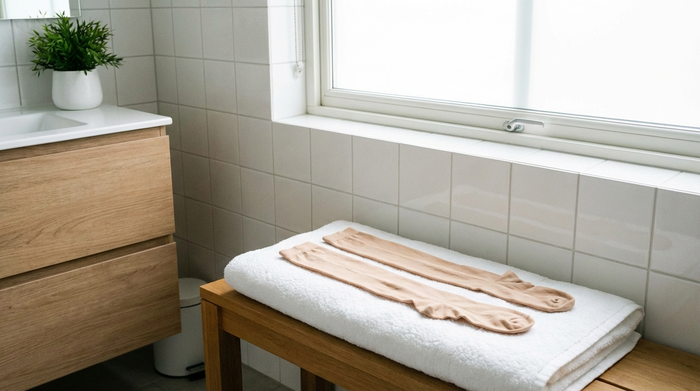 Ein aufgeräumtes Badezimmer. Ein Paar frische, hautfarbene Kompressionsstrümpfe liegt flach und ordentlich zum Trocknen auf einem weichen, weißen Handtuch. Klares Tageslicht fällt durch das Fenster. Keine Schrift, puristische und saubere Darstellung.