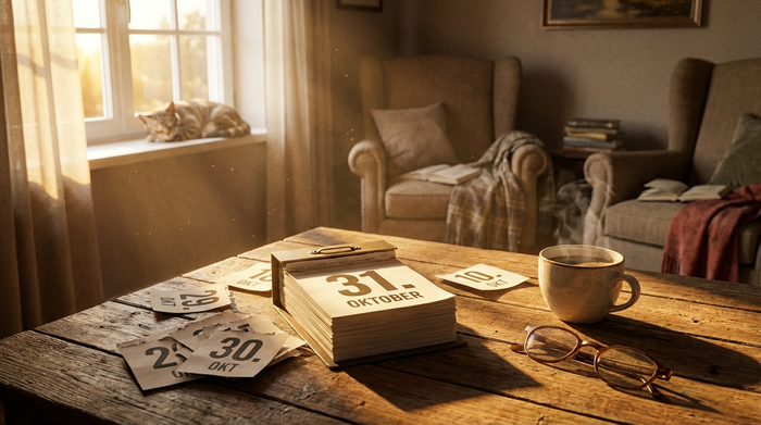 Ein traditioneller Papierkalender auf einem Holztisch neben einer Kaffeetasse und einer Lesebrille. Durch das Fenster fällt warmes Morgenlicht. Fokus auf die verstreichende Zeit, gemütliche und ruhige Stimmung im Wohnbereich.
