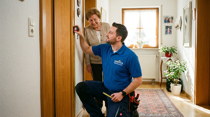 Ein Sanitätshaus-Mitarbeiter im blauen Poloshirt misst mit einem Maßband den Türrahmen in einem hellen, gemütlichen Flur aus. Im Hintergrund steht eine ältere Dame, die freundlich und interessiert zuschaut. Realistische Szene, scharfe Details.