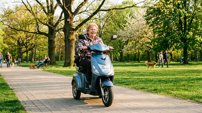 Eine rüstige Seniorin fährt glücklich mit einem modernen Elektromobil durch einen grünen Park an einem sonnigen Nachmittag. Frühlingshaftes Wetter, saubere asphaltierte Wege, alte Bäume im Hintergrund.