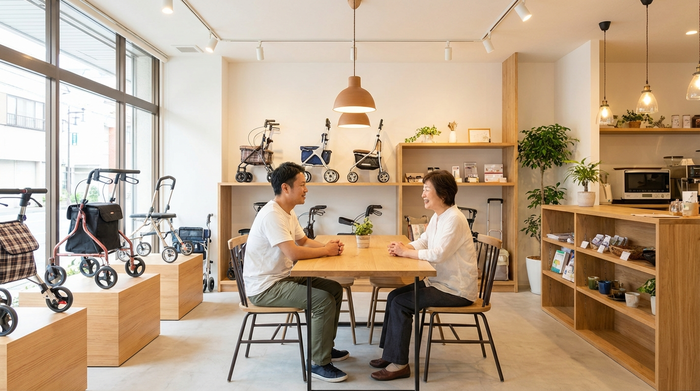 Heller, aufgeräumter Innenraum eines modernen Sanitätshauses. Verschiedene Rollatoren und Alltagshilfen stehen ordentlich aufgereiht. Ein freundlicher Berater ist im entspannten Gespräch mit einem Kunden. Warme, einladende Beleuchtung.