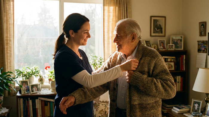 Eine einfühlsame Pflegekraft hilft einem älteren Herrn beim Anziehen einer weichen Strickjacke in einem lichtdurchfluteten Schlafzimmer. Realistische Szene mit respektvollem Umgang und warmem Morgenlicht.