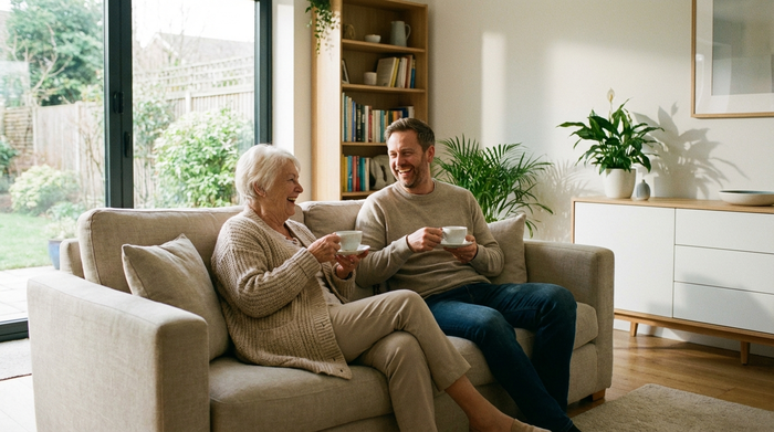 Eine ältere Frau und ihr erwachsener Sohn sitzen auf einem bequemen Sofa und unterhalten sich entspannt bei einer Tasse Tee. Im Hintergrund ist eine aufgeräumte, moderne Wohnstube zu sehen.