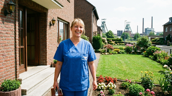 Eine Pflegekraft in Uniform verlässt lächelnd ein typisches Backsteinhaus im Ruhrgebiet, in der Hand hält sie eine kleine Pflegetasche. Sonniges Wetter und ein gepflegter, grüner Vorgarten runden das Bild ab.