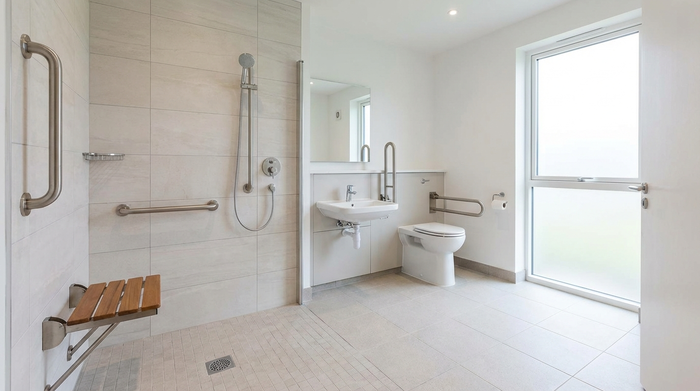 Ein modernes, komplett barrierefreies Badezimmer mit einer bodengleichen Dusche, stabilen Haltegriffen an den Wänden und einem komfortablen Duschsitz. Helle Fliesen sorgen für ein sauberes und sicheres Umfeld.