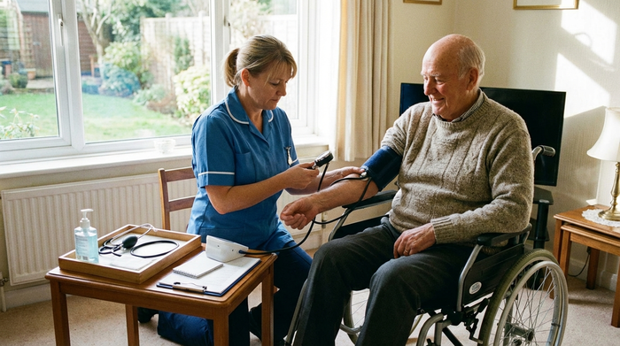 Eine professionelle Pflegekraft misst den Blutdruck eines älteren Herrn im Rollstuhl in einem hellen Wohnzimmer. Medizinische Ausrüstung ist sauber auf einem kleinen Beistelltisch arrangiert. Ruhige und fokussierte Stimmung, realistische Darstellung.
