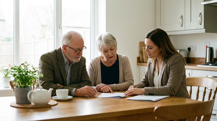 Ein älteres Ehepaar sitzt mit einer jüngeren Beraterin an einem aufgeräumten Küchentisch. Sie betrachten gemeinsam aufmerksam einige Dokumente. Die Atmosphäre ist seriös, aufklärend und unterstützend. Helles Tageslicht fällt durch das Fenster.