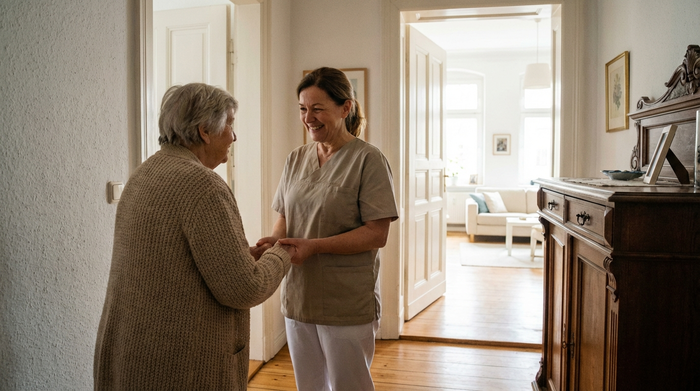 Eine Pflegekraft steht im Flur einer gepflegten Altbauwohnung und unterhält sich freundlich mit einer Angehörigen. Beide wirken entspannt und vertraut. Im Hintergrund ist eine offene Wohnungstür mit hellem Licht zu erkennen.