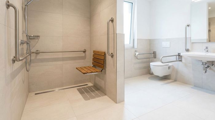 Ein modern renoviertes, barrierefreies Badezimmer mit einer bodengleichen Dusche, stabilen Haltegriffen an den Wänden und einem klappbaren Duschsitz. Helle Fliesen, sauberes und sicheres Ambiente ohne Personen im Bild.